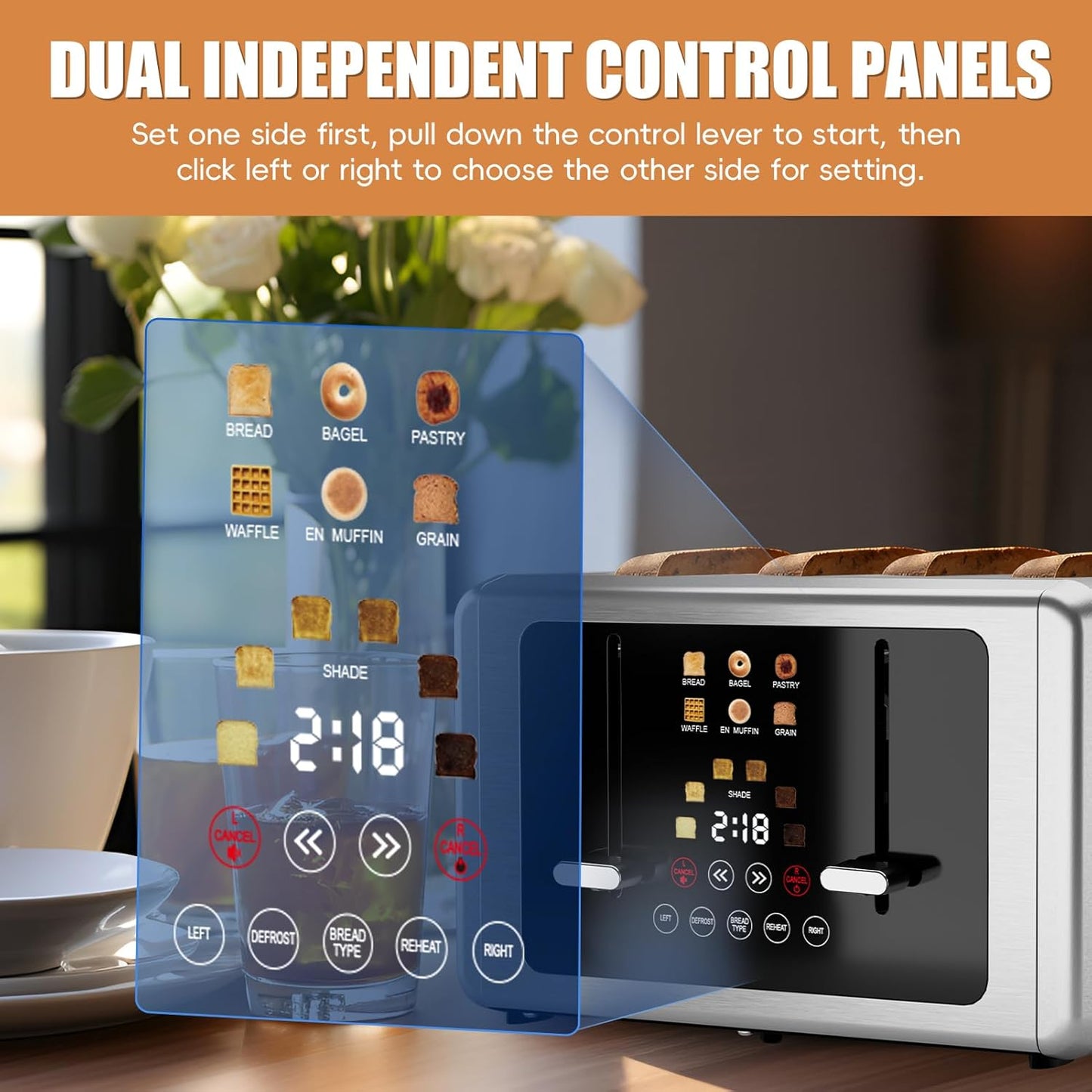whall 4 Slice Touch Screen Toaster, Stainless Steel Toasters Digital Timer, Dual Control Panel Toasters，6 Shade Settings＆6 Bread Types, Smart Wide Slots, Bagel, Cancel, Defrost,Stainless Steel