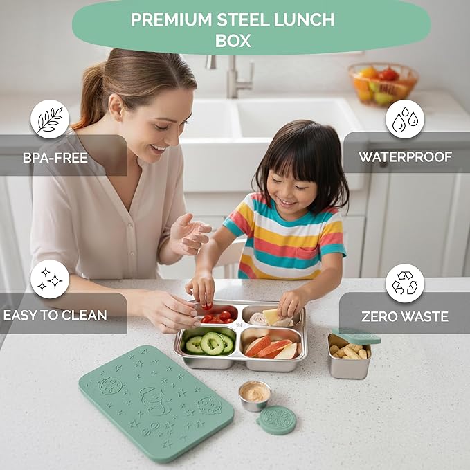 Stainless Steel Lunch Box for Kids 5 and Older – 3 Pieces Stainless Steel Bento Box with 4 Compartments & 2 Snack Containers – Leak Proof, BPA-Free, Eco-Friendly, Dishwasher Safe & Durable – Green