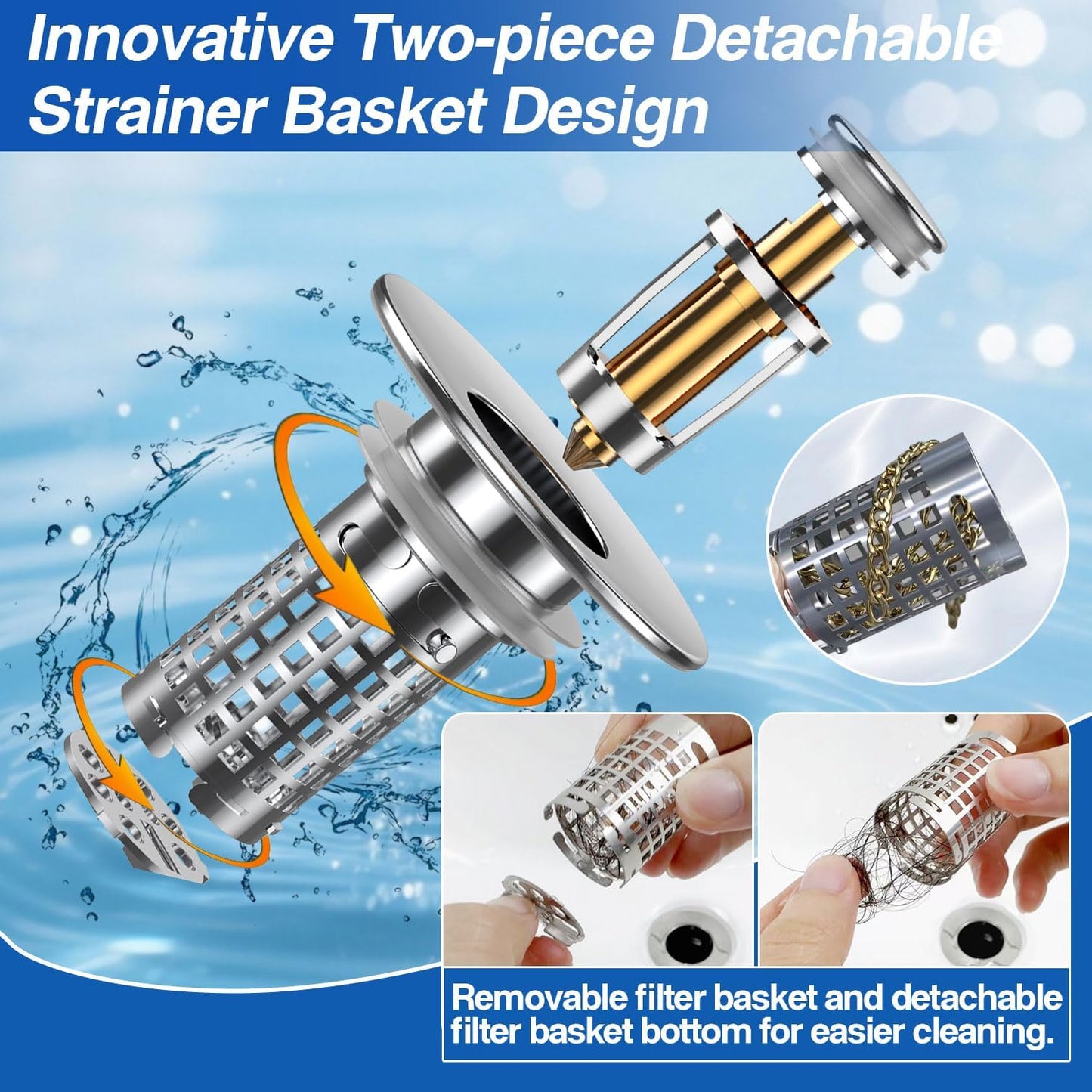 Sink Stopper Hair Catcher, Pop-up Sink Drain Strainer with Removable Stainless Steel Strainer Basket Hair Catcher, Bathroom Sink Strainer for Bathroom Sink Stopper Replacement (New-2PCS)