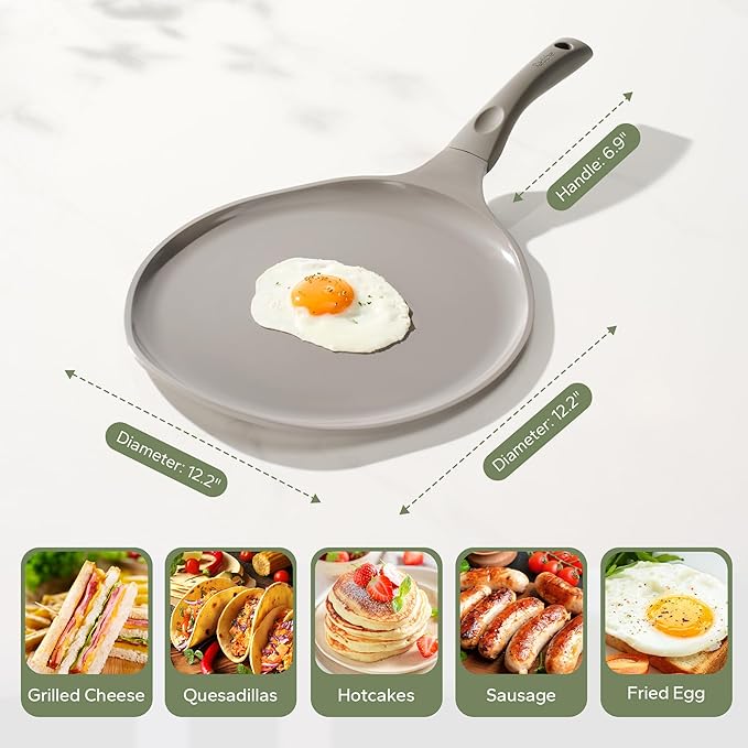 Redchef Nonstick Crepe Pan Nonstick 12 Inch with Ceramic Coatingg, Non Stick Flat Skillet, Professional Pancake Griddle Pan, Induction Compatible, PFAS/PFOA/PTFE Free, Stay-Cool Handle (Gray)