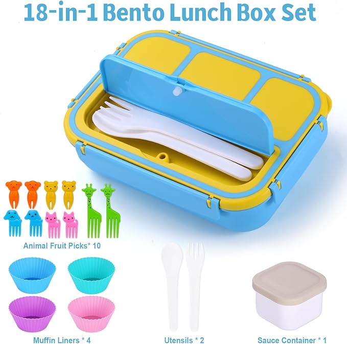 shell and turtle Bento Box for Kids Girls Boys, Bento Box Adult Lunch Box with 4 Compartments, Lunch Containers with Utensils, Sauce Jar, Muffin Liners for School, 40 Oz/5 Cup, Blue