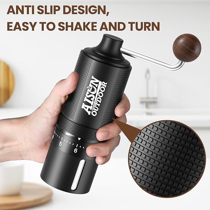 Portable Manual Coffee Grinder with Ceramic Conical Burr, Stainless Steel Axle & Handle, Adjustable Settings & Anodized Aluminum Body for Outdoor, Travel, Espresso and Home Use
