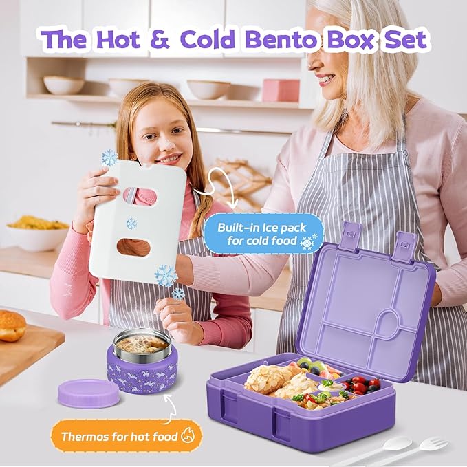 Bento Lunch Box Kids and 9oz Soup Thermos – 5.5-Cup Leakproof Kids Bento Box with Ice Pack & 9oz Insulated Food Jar – Hot & Cold Food Lunch Container for Boy Girl School, Purple Set