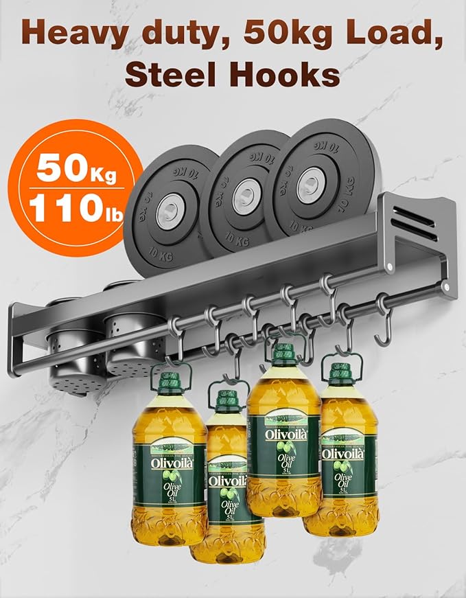 utensil hanger, wall mounted kitchen rail with hooks, waterproof hooks for kitchen utensils, easy installation without drilling (19.7 inches, Cup, 1)
