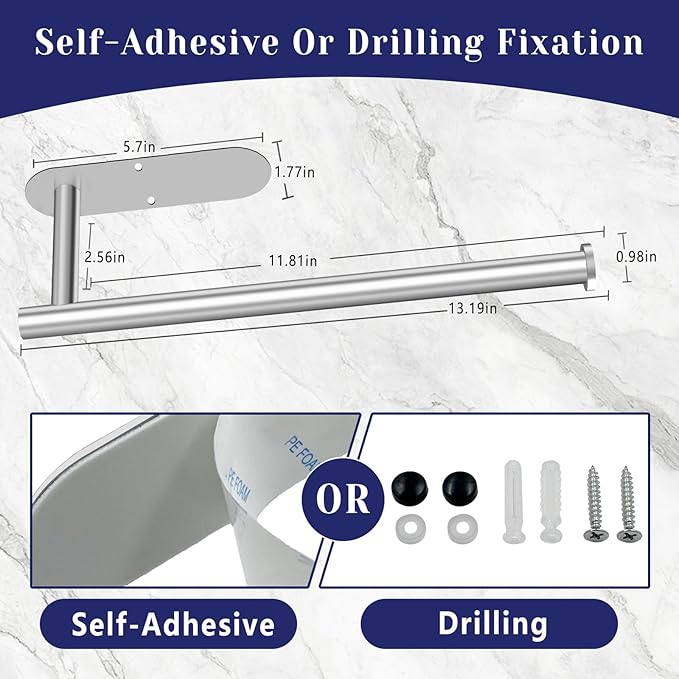 Paper Towel Holder, Self Adhesive or Drilling Paper Towel Holder Under Cabinet, Stainless Steel Silver Paper Towel Holders Wall Mount for Kitchen, Bathroom, Sink, Pantry, Fridge