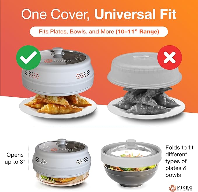 Mikro Innovations Glass & Silicone Microwave Splatter Cover – Tall and Collapsible Design that fits 6-10.5in Plates and Bowls - Space Saving, BPA Free & Dishwasher Safe (1, Gray, large)