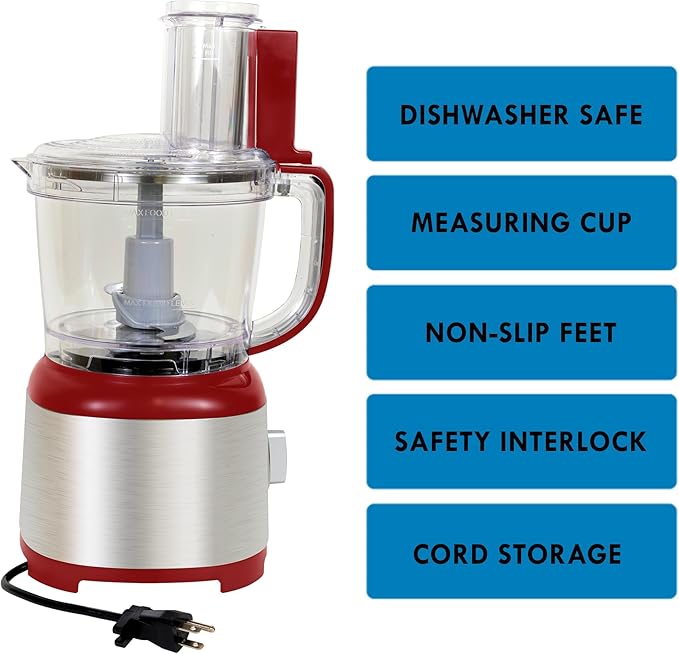 Kenmore 11-Cup Food Processor and Vegetable Chopper with Reversible Slicing/Shredding Disc, Chop, Slice, Shred, Mince, Grate, Puree, Stainless Steel, 500W, Red and Silver