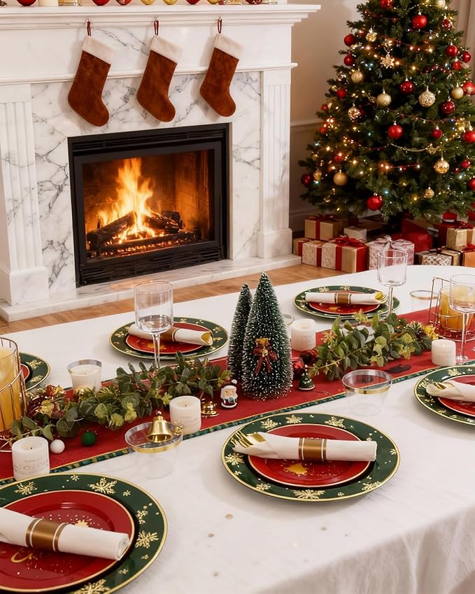 Goodluck 175 Piece Christmas Plates Sets for 25 Guests, Christmas Tableware Disposable for Party, Include 50Plates, 25Pack Pre Rolled Napkins with Silverware, 25Cups for Party, Wedding, Graduation