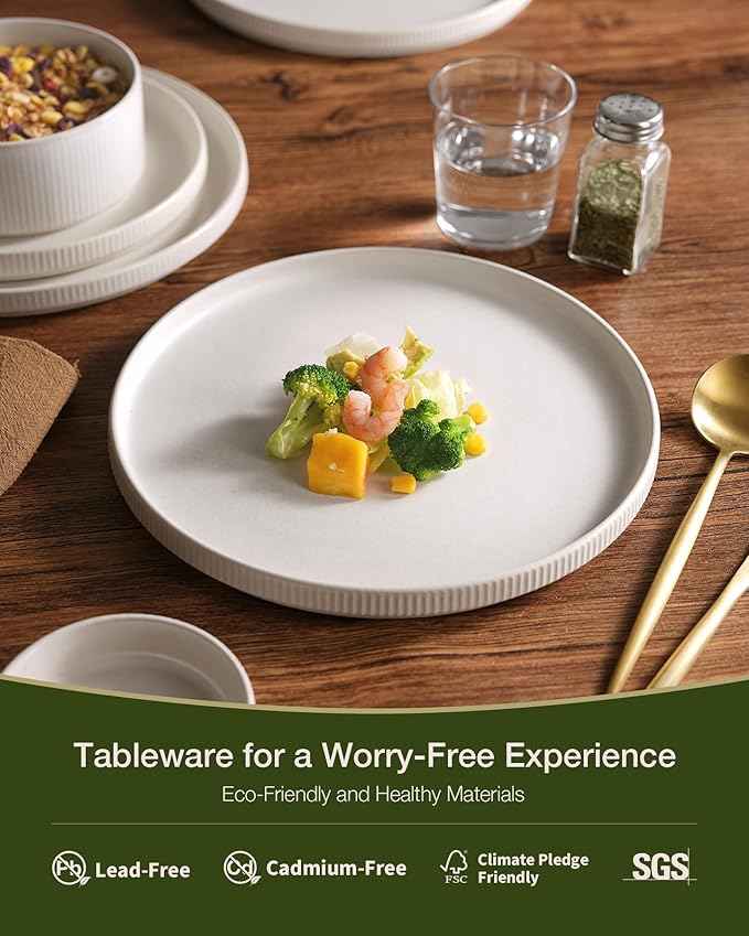 famiware Star Dinnerware Set with Pasta Bowls, Service for 6 (24 Pieces), Ribbed Stoneware Plates and Double Bowls Sets - Chip & Scratch Resistant, Microwave & Dishwasher Safe Dishes, Matte White