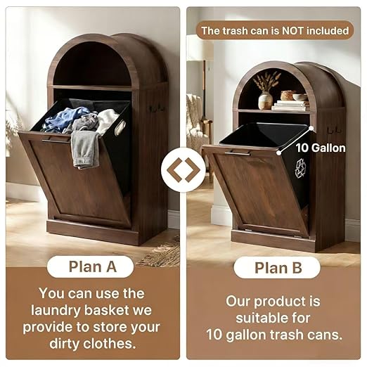 Seang Arched Tilt-Out Trash Can Cabinet,Laundry Hamper Cabinet with Foldable Laundry Basket,Wooden Hidden Garbage Can Cabinets with Metal Handle & Hooks,Walnut