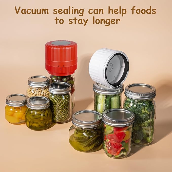 HTPOW Electric Mason Jar Vacuum Sealer - Fully Automatic Mason Jar Vacuum Sealer Kit for All Mason Jars with Regular Lids and Wide Mouth Lids, A Must-Have Tool for Canned Foods/Pantry - Red