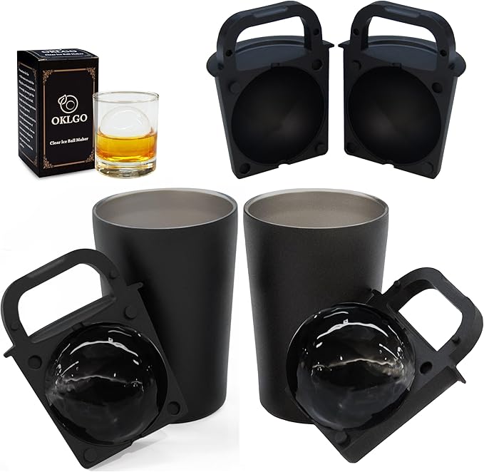 Clear Ice Cube Maker Tray – 2.5 Inch Large Round Ice Ball Mold, Stainless Steel & Silicone, Slow Melting Transparent Ice for Whiskey, Cocktails, and Home Bar Use (Black-2 Pack)