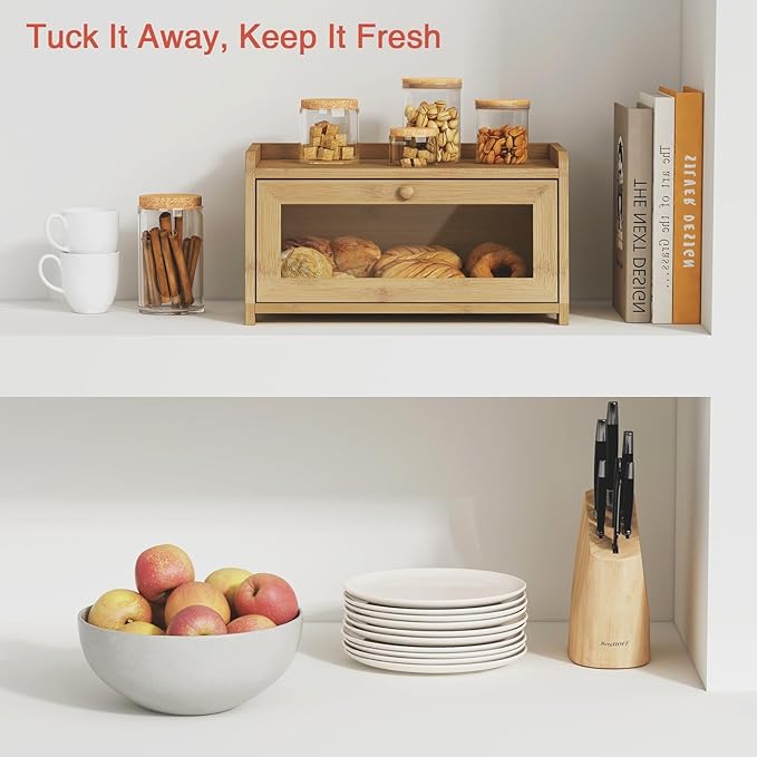 Goozii Wood Bread Box for Kithcen Countertop, Rustic Breadox Storage Container for Homemade Bread, Small Compact Bread Keeper Holder Organizer with Window (Natural Bamboo)