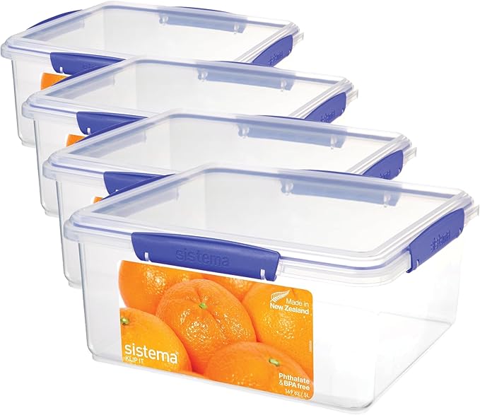 Sistema KLIP IT Food Storage Container,5 L,Airtight & Stackable,BPA-Free,Clear with Blue Clips,(Pack of 4)