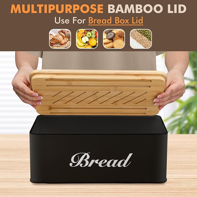 RYTOXILO Bread Slicer with Bread Box, Black Bread Storage Container for Kitchen Countertop with Multifunction Bamboo Lid, 3 in 1 Breadbox for Loaf Slicing & Tray, Bread Holder for Kitchen