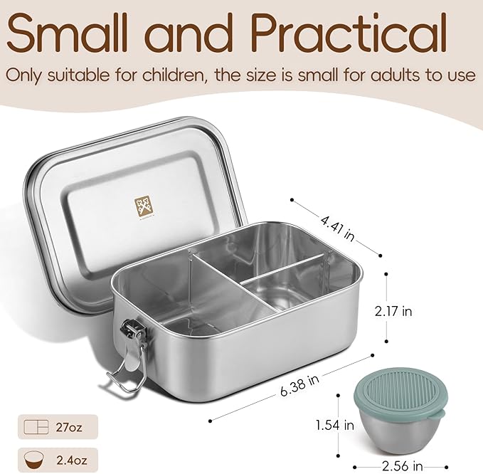 GOLDEN KEY Stainless Steel Bento Box for Kids - 27oz/0.8L, BPA Free Leakproof Lunch Box with 3 Compartments, for School & Eating Out, Freezer & Dishwasher Safe(Green)