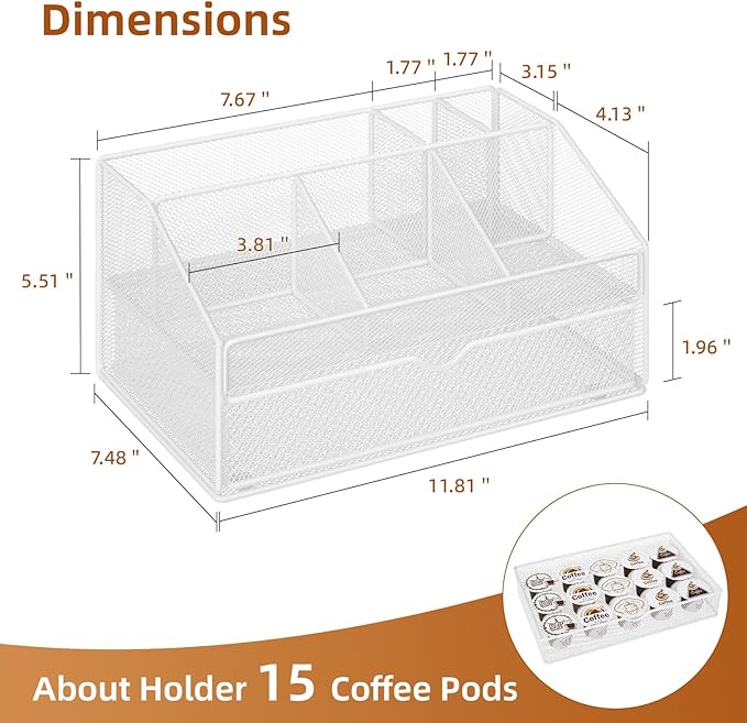 VITVITI Coffee Station Organizer for Countertop, Metal Coffee Bar Organizer Basket with Drawer, 6 Compartments Bar Station Holder for Pods Tea Bag, White