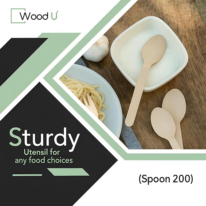 Disposable Wooden Spoons by WoodU | 100% All-Natural, Eco-Friendly, Biodegradable, and Compostable - Pack of 200-6.5" Spoon