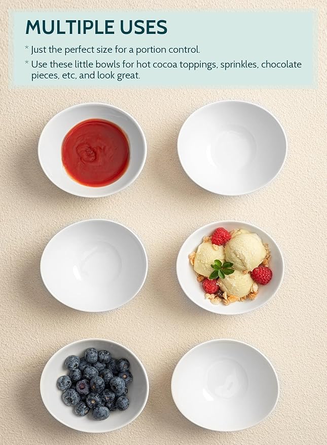 Teocera 5 Inch Porcelain Small Bowls Set, 6 Ounce small serving bowls for Dessert, Ice Cream, Snack, Dipping, Side Dishes, Microwave & Dishwasher Safe- White