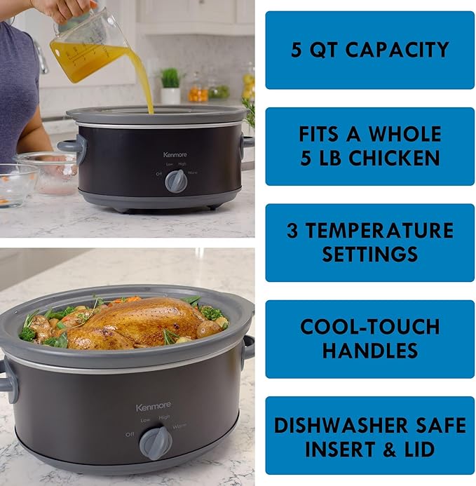 Kenmore 5 Quart Slow Cooker - Crock pot with Programmable Settings,Digital Controls, Large Capacity for Family Meals, Dishwasher-Safe Stoneware, Warm Rice & Sous Vide Stew