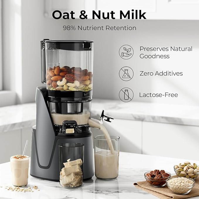 EanOruus Juicer Machines, 3-in-1 Cold Press Juicer with 6.5" Extra Large Chute, 100oz Large Capacity, AC Motor, Makes Juice, Nut Milk & Sorbet, Premium Gray