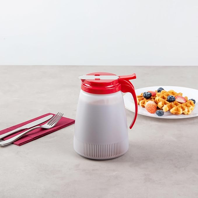 Restaurantware-Chef 101 48 Ounce All Purpose Syrup Dispensers, 10 Honey Dispensers - Red Top, Stainless Steel Slide Cover, Plastic Pancake Syrup Bottle, Perfect For Diners, Restaurants, Home