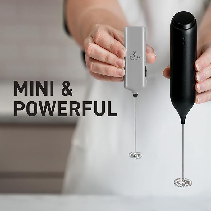 Mini & Mighty Milk Frother Wand – Powerful Handheld Coffee Frother, Battery Operated Drink Mixer – Compact Pocket Size – Detachable Whisk for Latte, Cappuccino, Matcha, Hot Chocolate – Silver Black