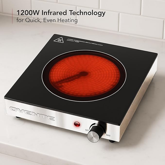 OVENTE Infrared Ceramic Single Burner, 1200W Electric Countertop Hot Plate with Black Crystalline Glass, Portable Stainless Steel Cooktop for Home, Office, or Dorm Use, Black BGI301GB