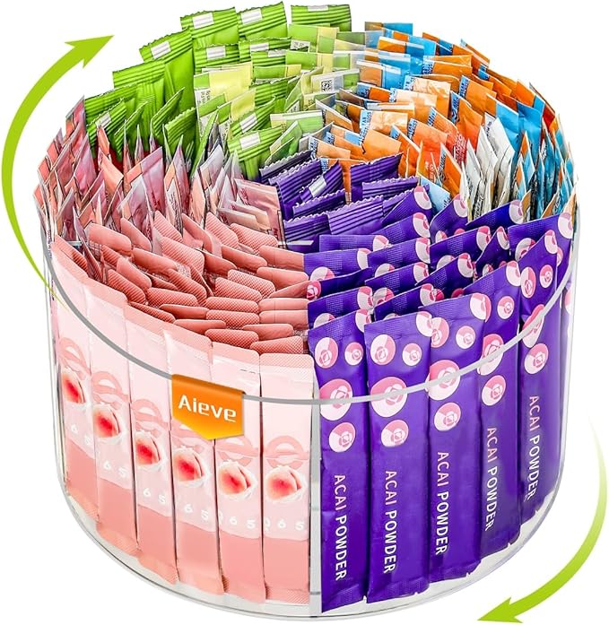 AIEVE Drink Packet Organizer, Lazy Susan 360° Turntable Organizer for Drink Mix Hydration Packets, Water Flavor Acrylic Container Tea Bag Holder for Kitchen Storage Organization