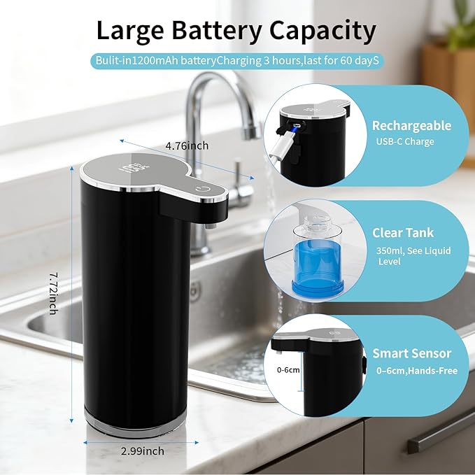 Automatic Liquid Soap Dispenser, 304 Stainless Steel Bottle Body &12 oz/350ml Rechargeable, 4 Adjustable Liquid Levels, IPX5 Waterproof for Bathroom,Kitchen,Hotel(Stainless Steel for Liquid Soap)