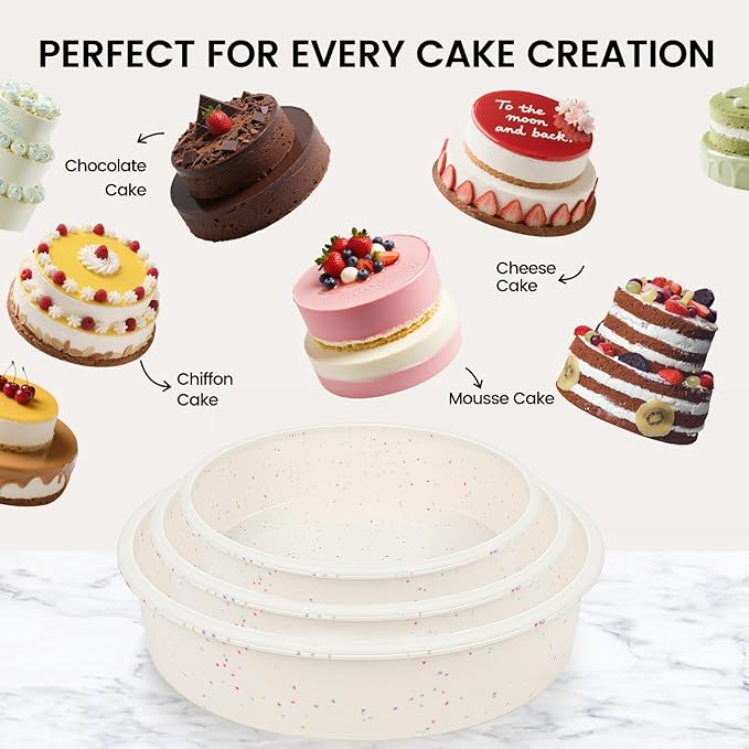 Vinino 3 Pack Round Cake Pan Set (6''/8''/10'') with Metal Reinforced Frame, Circle Cake Pan for Baking Nonstick Silicone Springform Pan for Baking Suitable for Making Layers, Cheese & Chocolate Cakes