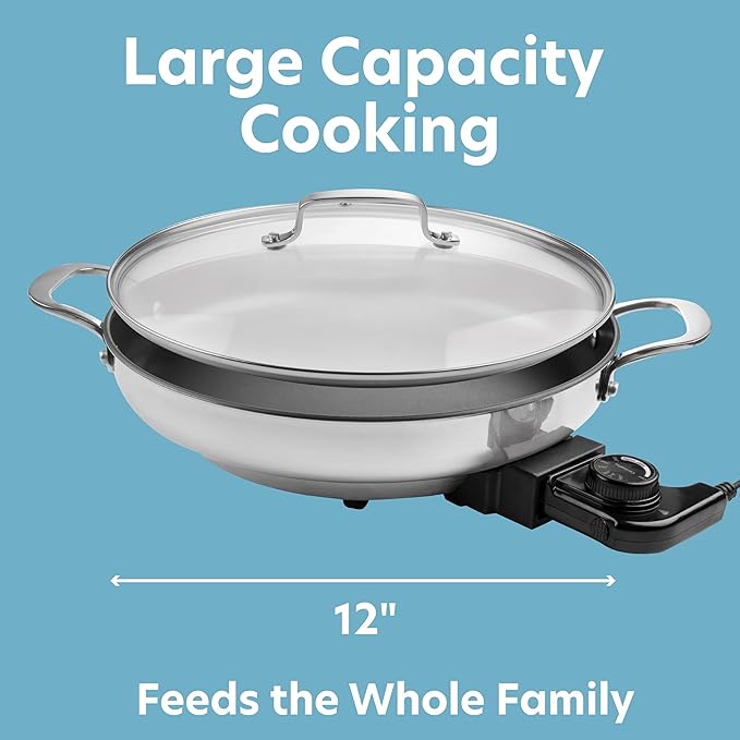 Electric Skillet By CucinaPro- 18/10 Stainless Steel, Frying Pan w Non Stick Interior, Tempered Glass Lid w Handles, 12" Round, Temperature Control Probe for Adjustable Heat Settings, Portable, Gift