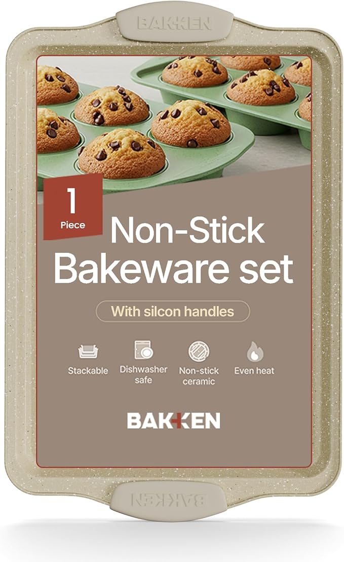BAKKEN Kitchen Baking Pans - 15.15 x 10.03" Medium Nonstick Sheet, Durable Carbon Steel Cookie Sheet with White Silicone Handles, PFOA, PFOS, PTFE Free, Oven Safe Tray (Up To 450°F), Set of 1