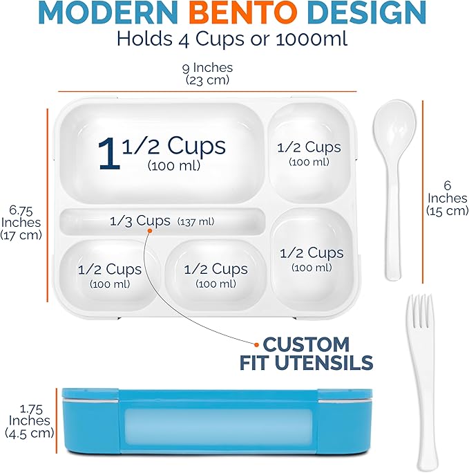 Bento Box Lunch-Box for Kids Adults, Snackle Box Snack Containers for Toddlers Daycare, Leakproof School Bentobox, 6 Section Meal Container for Boys Girls Women Lunches, BPA Free Utensils, Blue