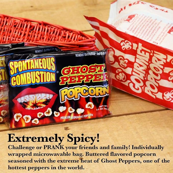 Spontaneous Combustion Ghost Pepper Microwave Popcorn Bags - 6 Pack - Ultimate Spicy Gourmet Popcorn - Perfect Hot Movie Theater Popcorn for Home - Try if you dare!