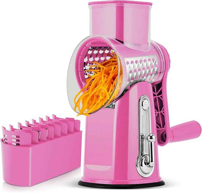 SUSTEAS Rotary Cheese Grater with Handle - Vegetable Shredder with 5 Well-designed Blades & Strong Suction Base,Round Mandoline Slicer & Food Chopper for Kitchen,with Blade Storage Box(Pink)