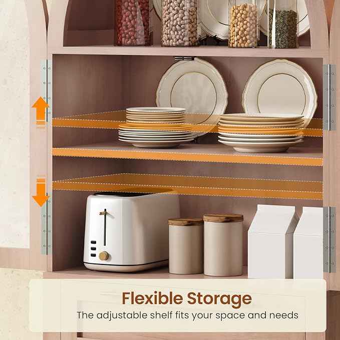 Itaar 71" Arched Kitchen Pantry Cabinet, Kitchen Storage Cabinets with 1 Large Drawer & Storage Cart 2 Tier & Door Shelves for Living Room, Dining Room, Natural Oak