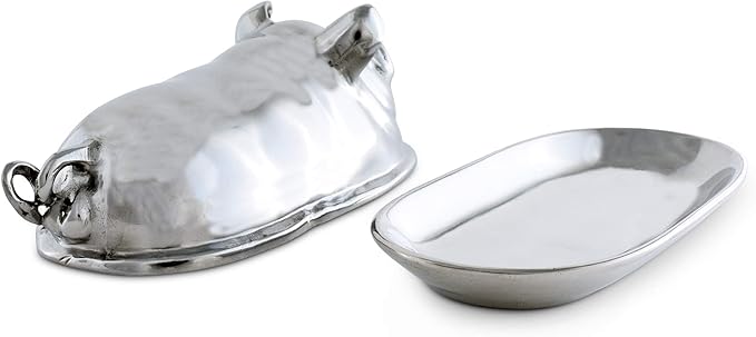 Arthur Court Happy Pig Covered Butter Cream Cheese Dish Container Keeper Hand Polished Tarnish Free Artisan Quality Farmhouse Table 7.5 inch Long