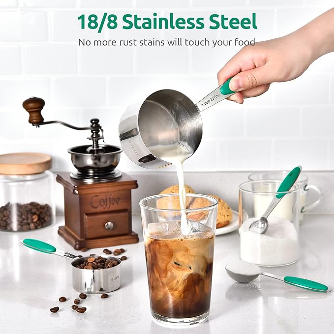 Measuring Cups and Spoons Set: U-Taste 18/8 Stainless Steel 10 Pieces Metal Stacking Kitchen Baking Cooking Food Measure Set 5 Cups 5 Spoons with Strengthened Weld Joints (Teal, Upgraded Version)