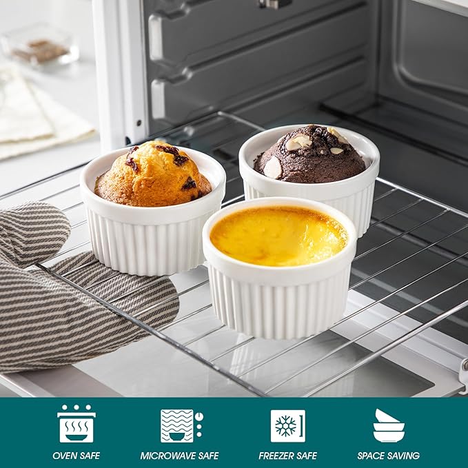 vancasso 8 oz Ramekins with Lid, Porcelain Creme Brulee Souffle Dishes, White Pudding Custard Cups Ramiken for Baking, Dishwasher and Oven Safe, Set of 6