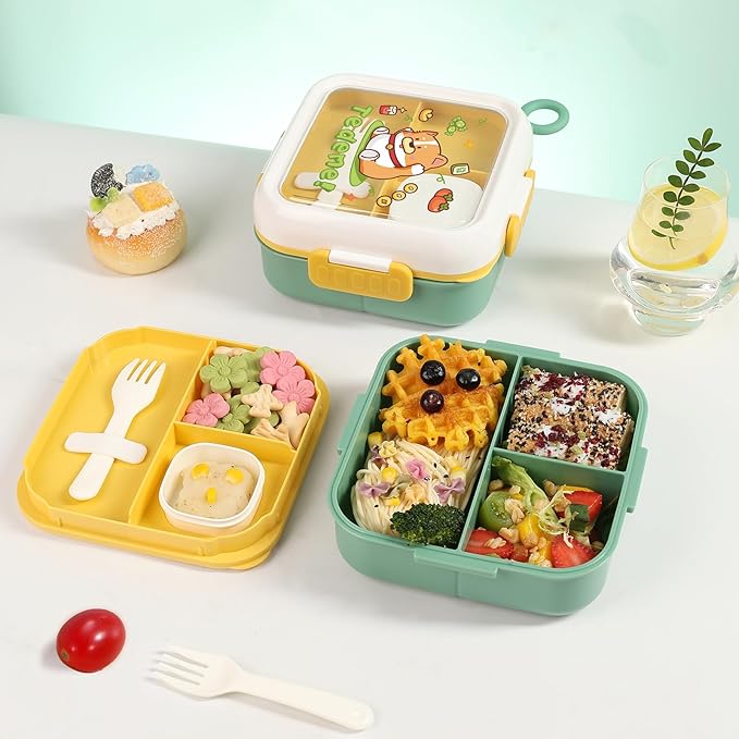 Bento Box for Kids & Adults – Cute Cartoon 2-Layer Lunch Box with Fork, Sauce Cup & Brush, BPA-Free, 3-Compartment Square Snack Container with Handle for School, Office, or Travel (Green)