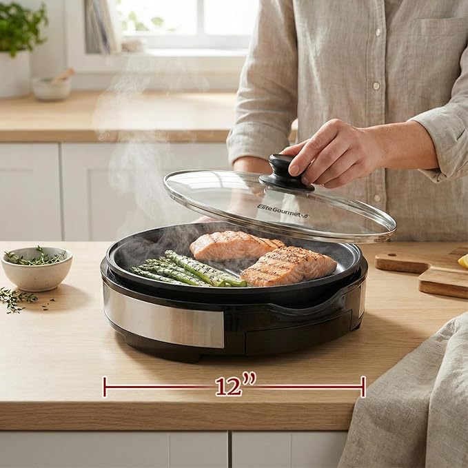 Elite Gourmet EMG6505G 12" Smokeless Indoor Electric BBQ Grill with Glass Lid Dishwasher Safe, Nonstick, Adjustable Temperature, Fast Heat Up, Low-Fat Meals Easy to Clean Design