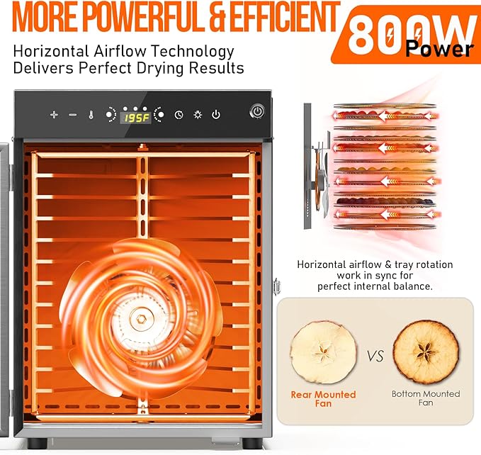 Food Dehydrator 12 Trays - 360° Rotary Meat Dehydrator for Jerky with 194°F Temp & 24H Time Control, 800W Even Heating Food Dryer Machine for Herbs, Fruit, Meat, Yogurt, Silver