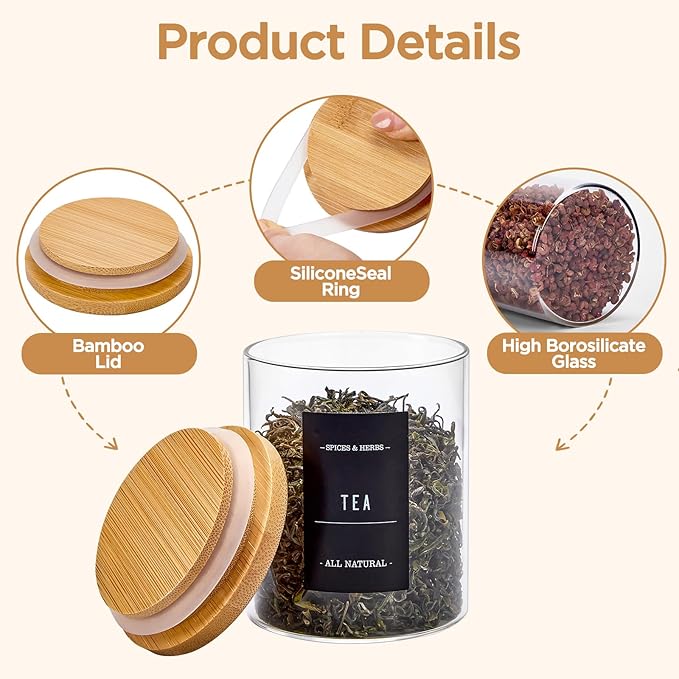 8oz Spice Jars with Bamboo Airtight Lids and Labels, 12 pcs Small Glass Containers with Bamboo Lids, Kitchen Organizer for Seasoning, Spice Containers for Spices, Tea, Salt, and Candy