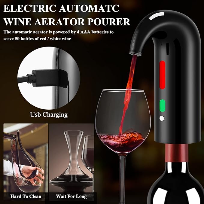 Wine Opener Valentines Day Gift Set with Electric Wine Bottle Opener, Wine Decanter&Wine Aerator and Pourer, wine stopper, Foil Cutter and EVA Storage Bag, Rechargeable and Automatic(Black)