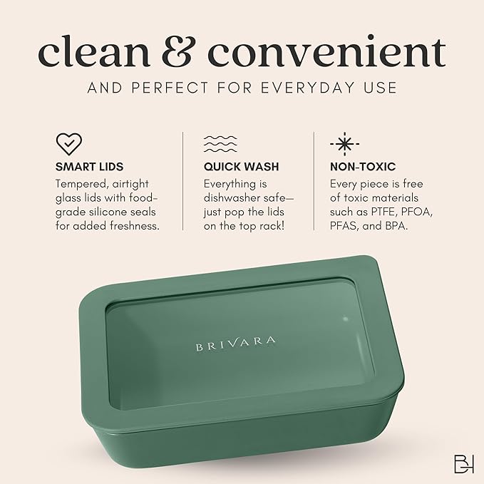 Ceramic Coated Glass Food Storage Container | No PTFE, PFOA, PFAS, and BPA | Reusable Non Toxic Meal Prep Container with Glass Lid | Easy To Store | 6 Piece Food Prep [Pine]