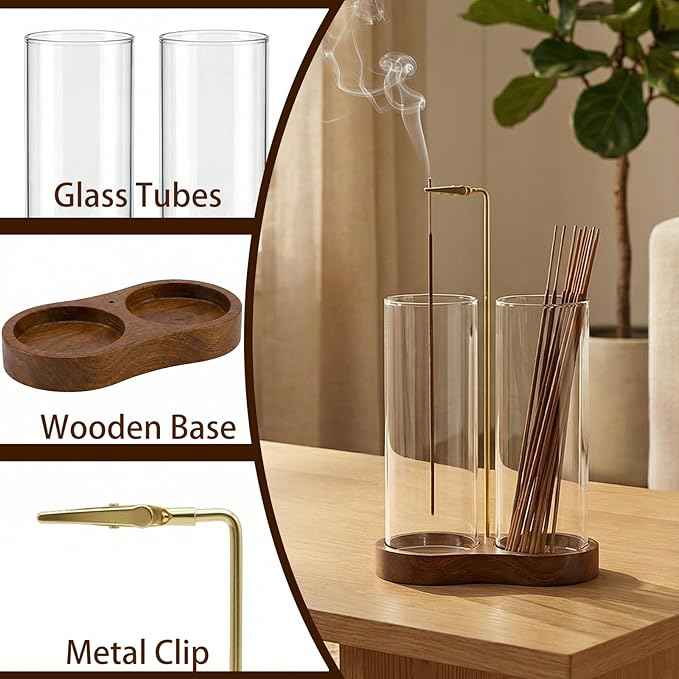 Incense Holder, 2 in 1 Wooden Incense Holder for Sticks with 20 Incense Sticks, Anti-ash Incense Burner with Glass Ash Catcher (2 Glass Ellipse Base)
