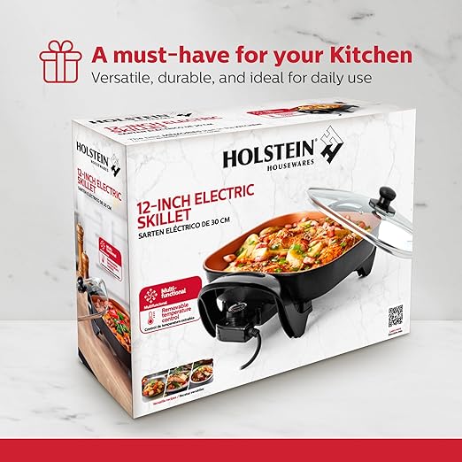 Holstein Housewares 12-Inch Electric Skillet - 1400W Electric Pan with Adjustable Temperature Control, PFOA-Free Non-Stick Coating, Cool-Touch Handles, Multi-Function Cooker, Copper & Black