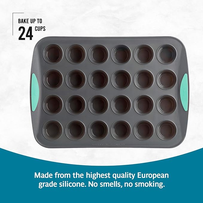 Trudeau 24-Cup Silicone Muffin Pan – Hybrid Non-Stick Bakeware with Steel Frame, Flexible Silicone with Hard Lining to Hold Shape, BPA-Free, Dishwasher Safe, Heat Safe to 428°F, Grey/Mint