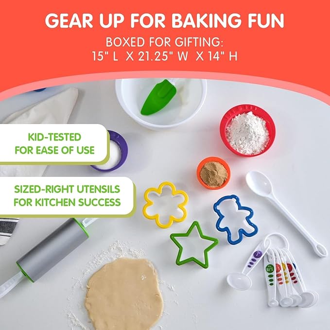 Curious Chef 27-Piece Plastic Kitchen Foundation Kit - Beginner Cooking Supplies for Kids - One Size Pink - Food-Safe Plastic & Dishwasher Safe - Rolling Pin, 3-Qt Mixing Bowl & Whisk - Baking Tools